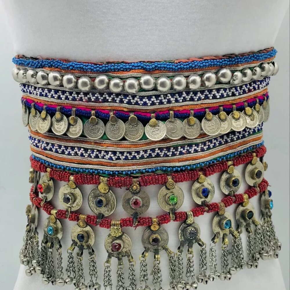 Vintage Kuchi Belly Dance Belt: Afghan Coins & Glass Stones - Picture 2 of 12